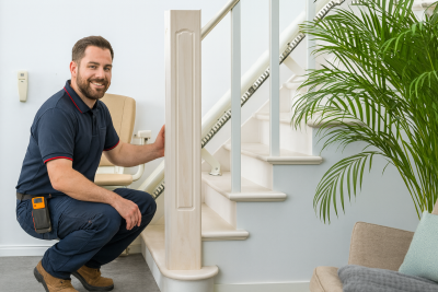 Blauwe stoel van traplift onderaan de traplift